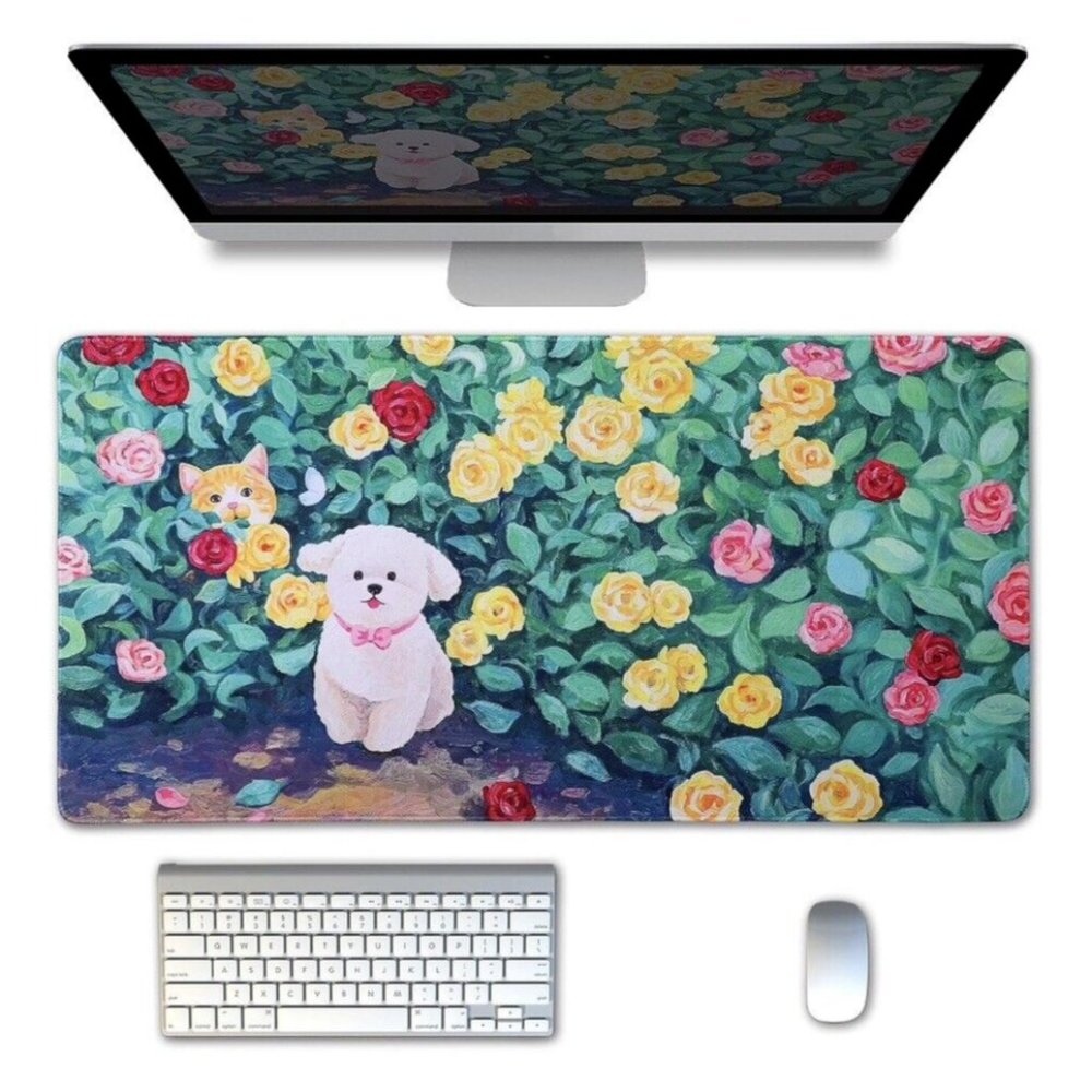 Desk Mat, Large Mouse Pad Original Art Design, Dog, Cat, and Floral NEW